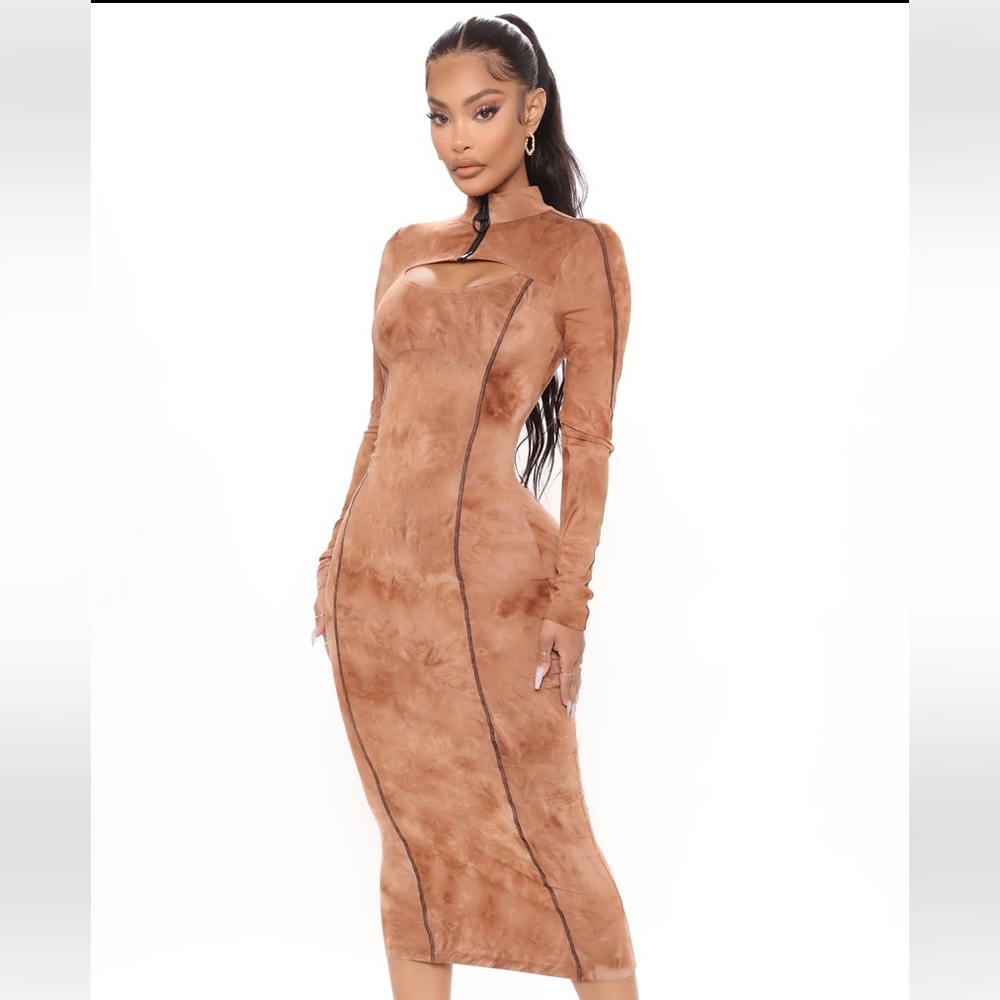Zipped In Tie Dye Midi
Dress - Brown
